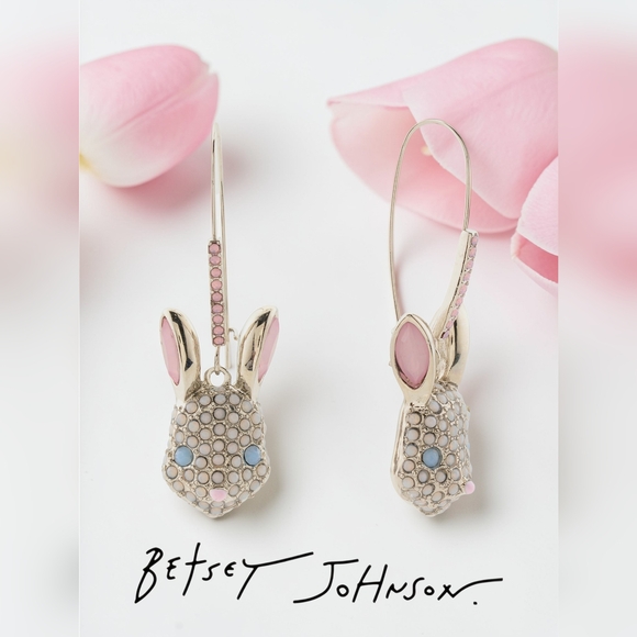Betsey Johnson Jewelry - NEW Betsey Johnson Sparkle Faux Stone Bunny Shepherd Hook Earrings 2 Inches NWT
